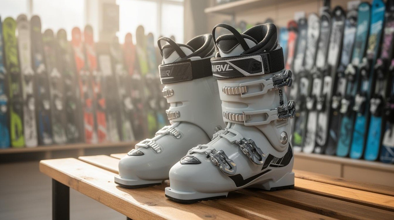 Plastic ski boots resting on a wooden bench in a bright rental shop
