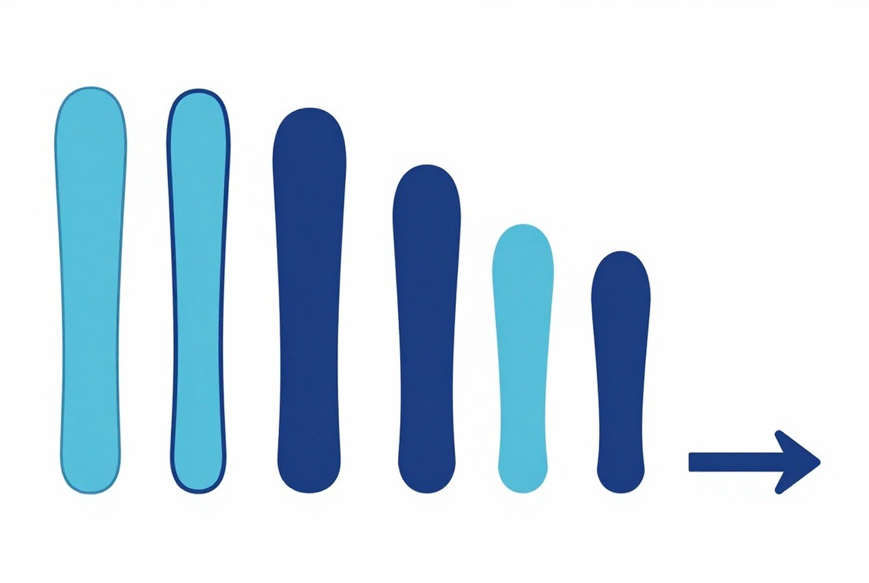Ski width scale with three ski silhouettes of increasing width