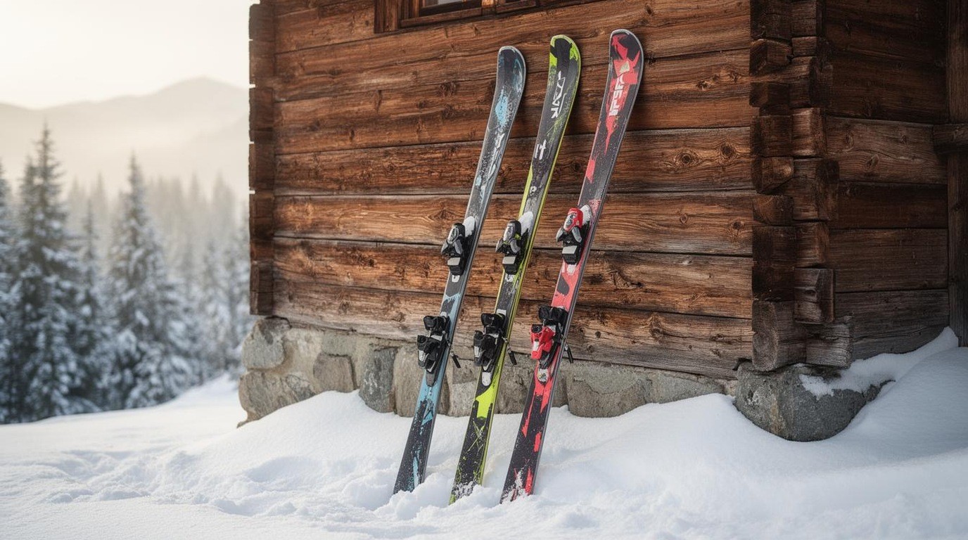 Three pairs of skis leaning against a snowy chalet wall in soft light