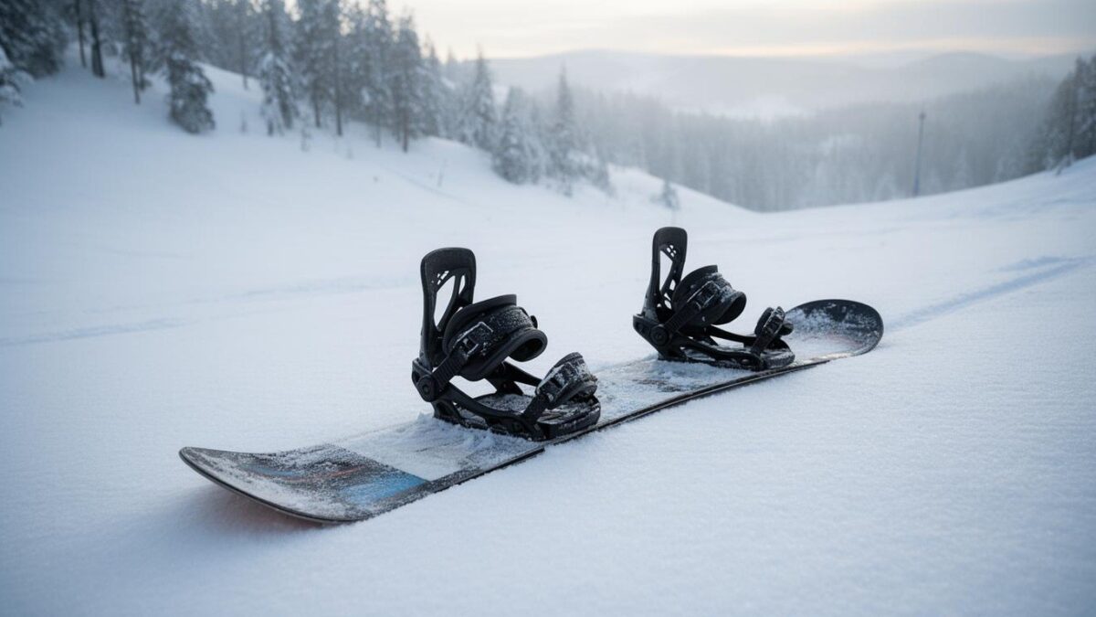 A snowboard with bindings resting on fresh snow at the edge of a quiet slope