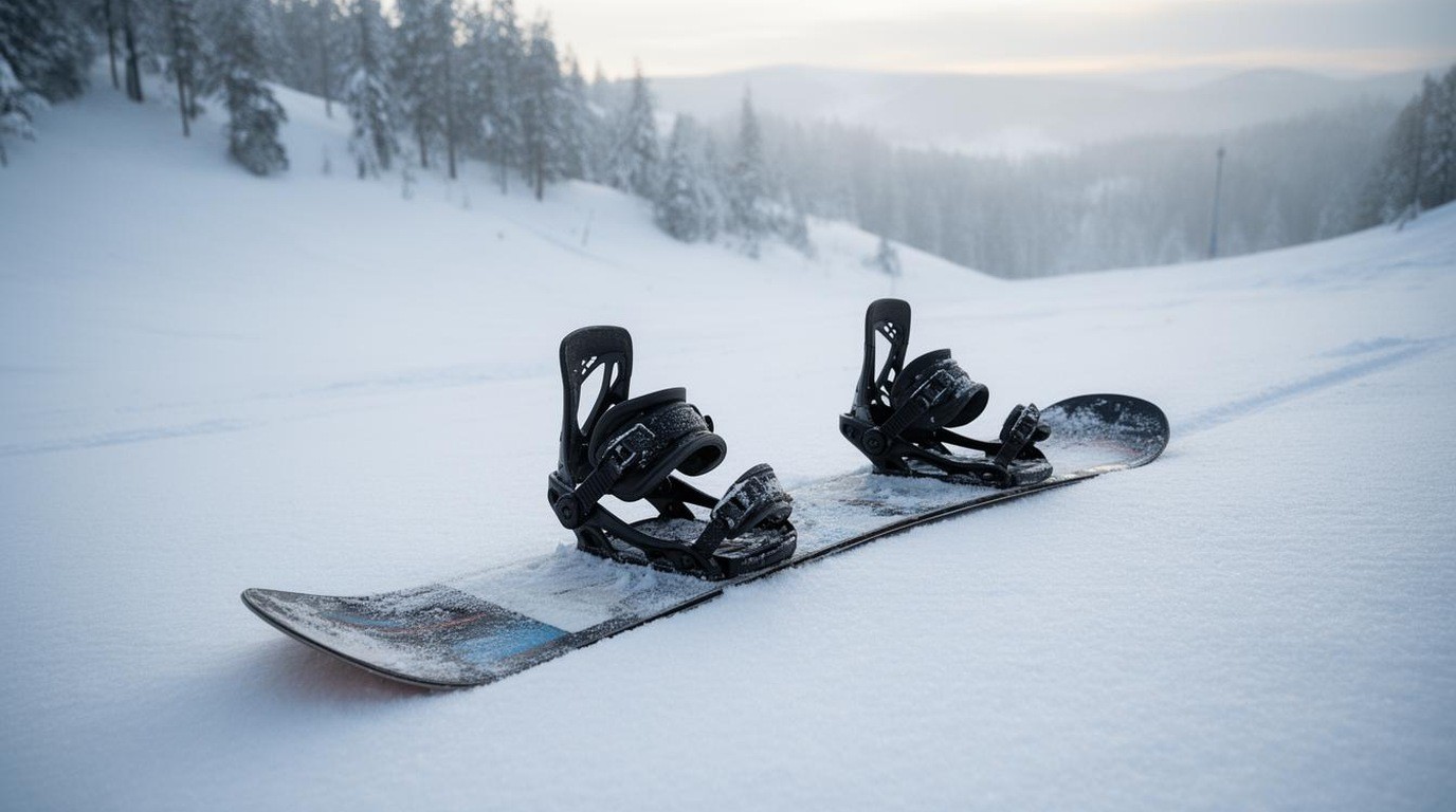 A snowboard with bindings resting on fresh snow at the edge of a quiet slope