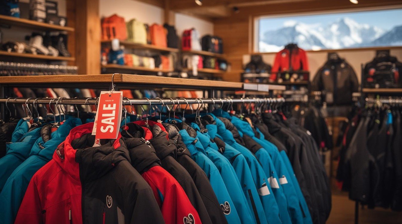 A sale tag hanging on a rack of ski jackets in a busy shop